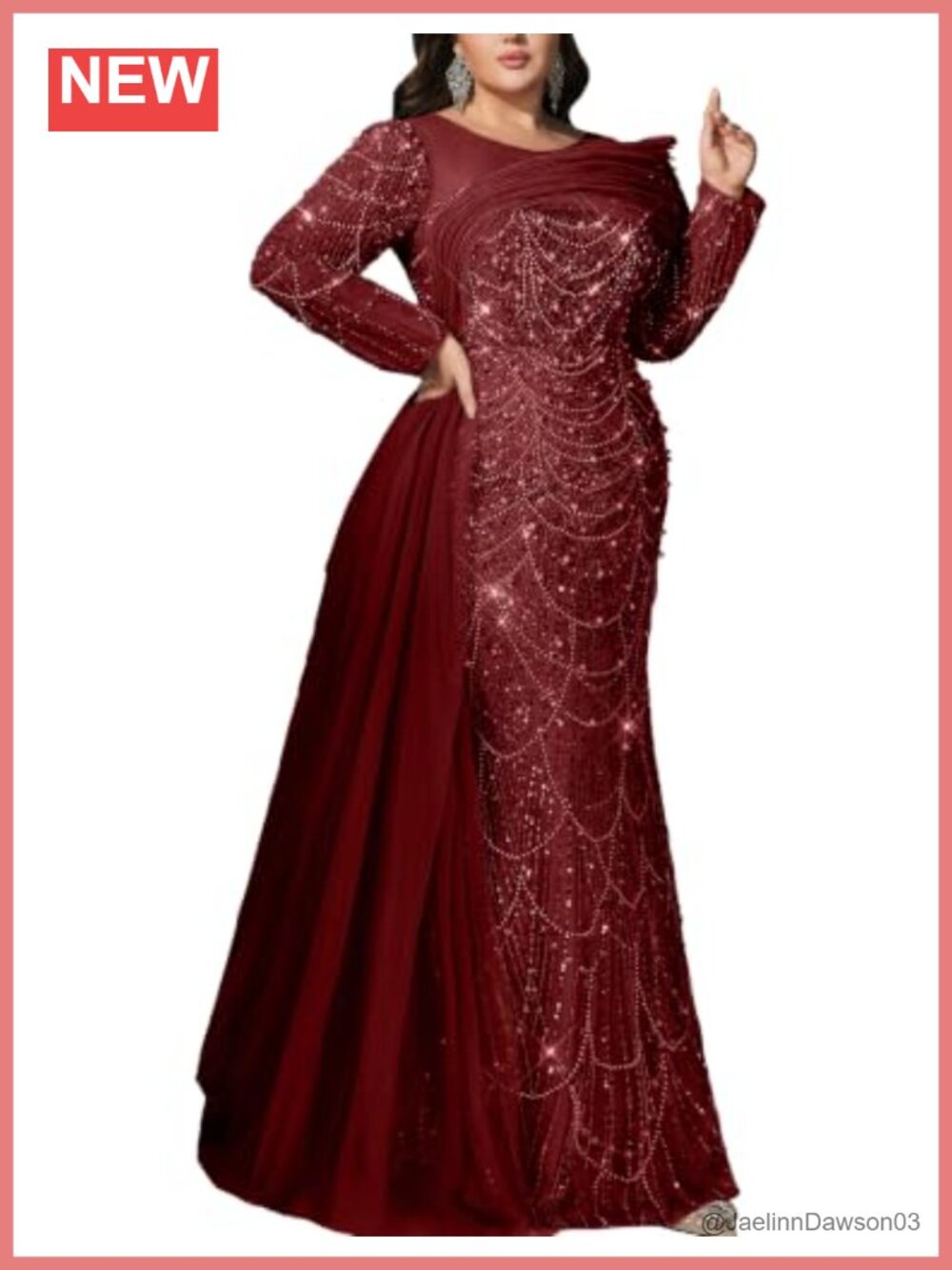 Plus Size Sequin Beaded Mermaid Long Sleeve Formal Evening Gown Prom Dress